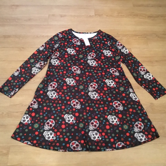 Women’s Skull Head And Flower Casual Midi Dress With Pockets - Picture 4 of 6